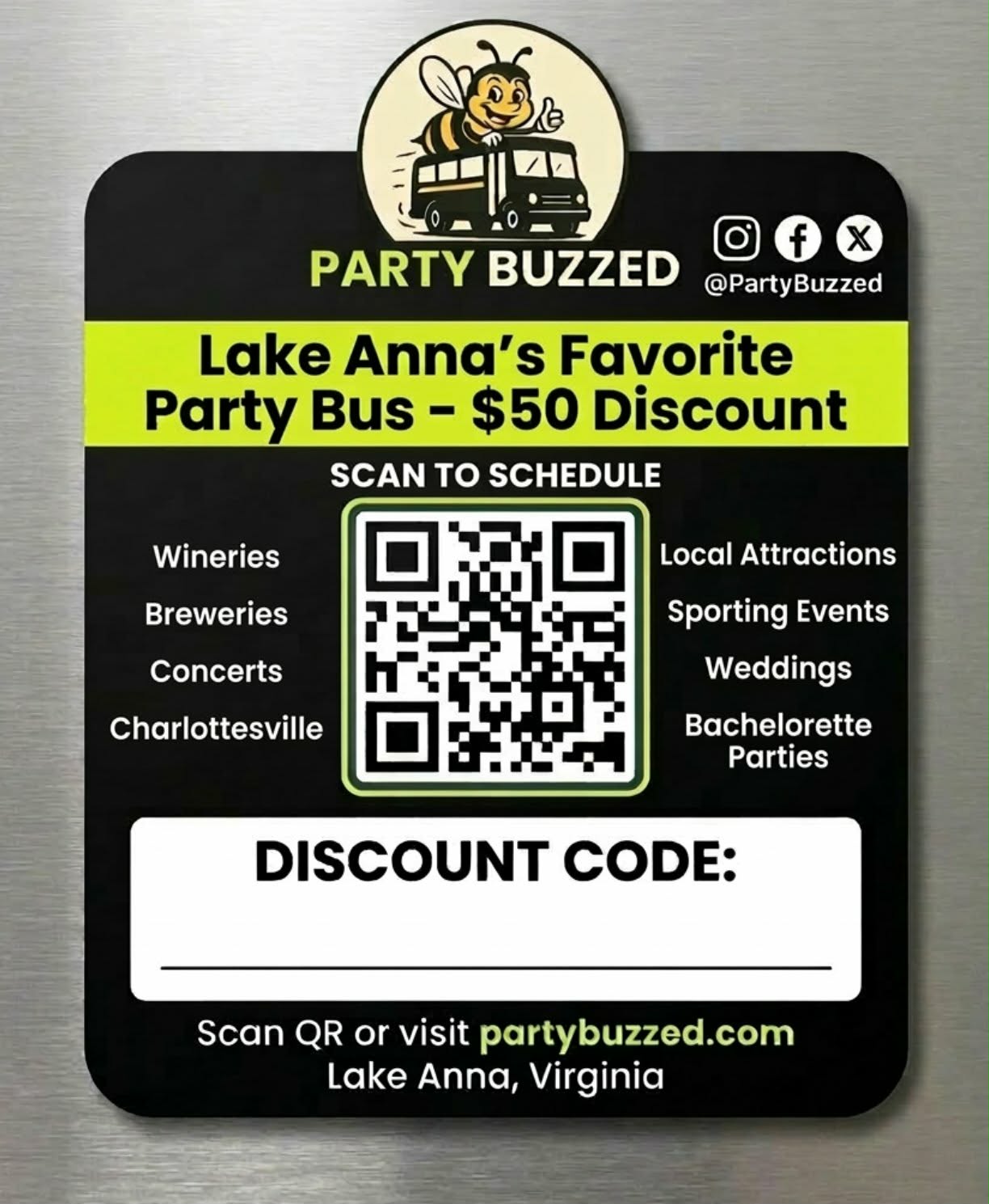 Party Buzzed host referral magnet with QR code and discount code space for Lake Anna Airbnb guests